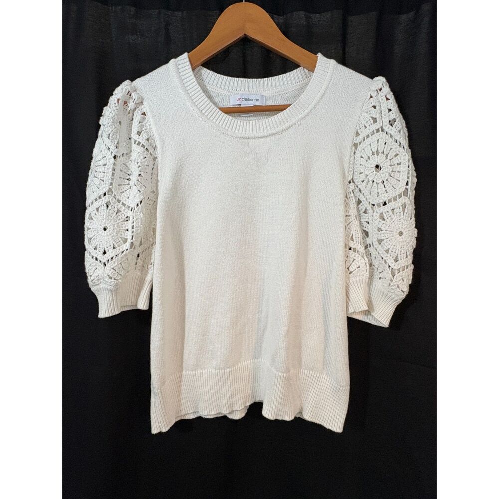 Liz Claiborne White Knit Top with Crochet Lace Puff Sleeves Boho